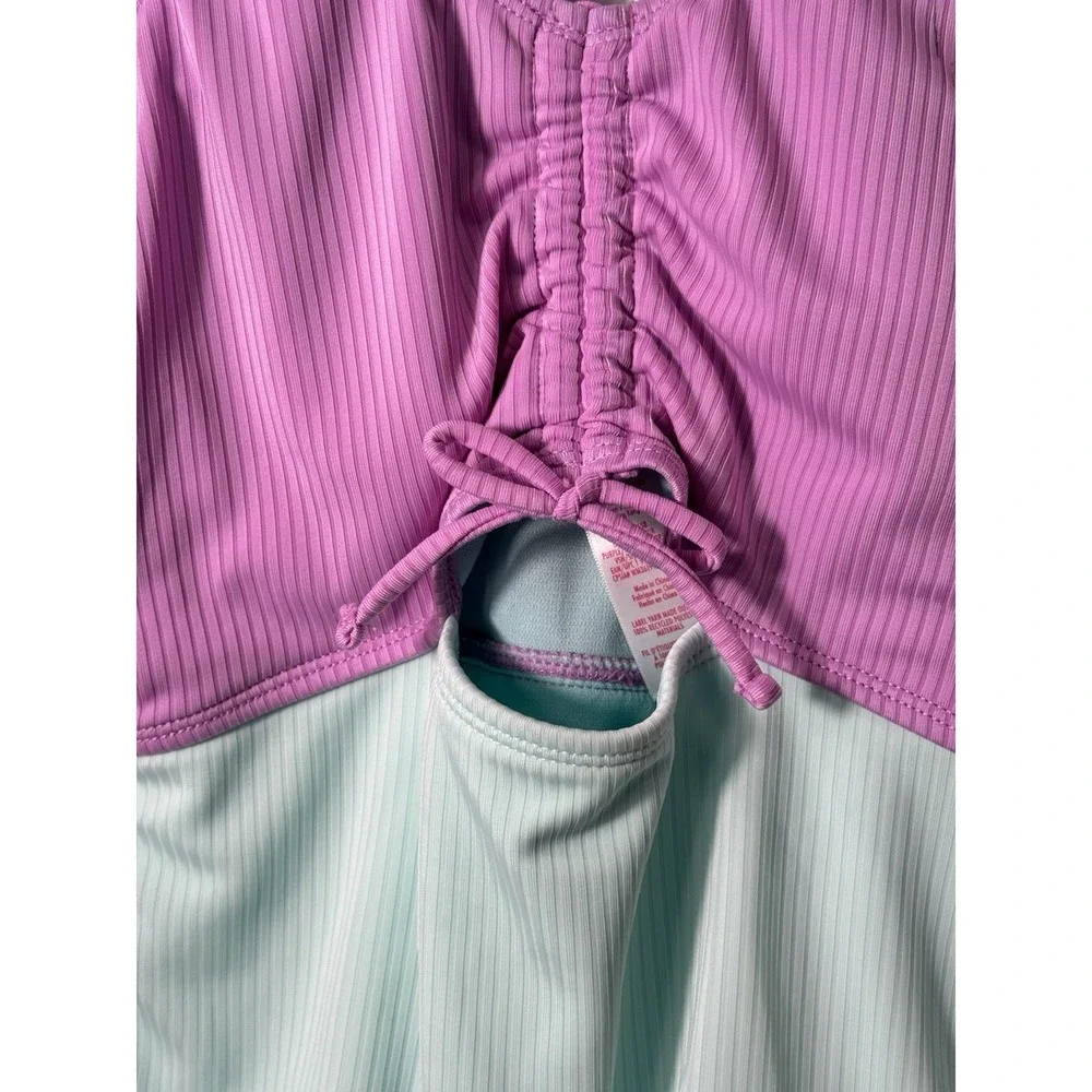 Justice Girls Size LG cutout color block One-Piece Swimsuit Ribbed Purple/Turqu